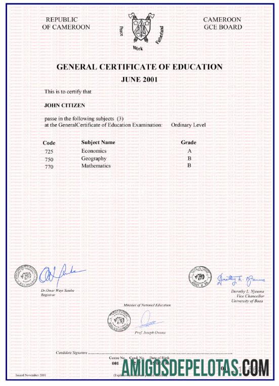 Certificado Geral de Educação dos Camarões amostra
